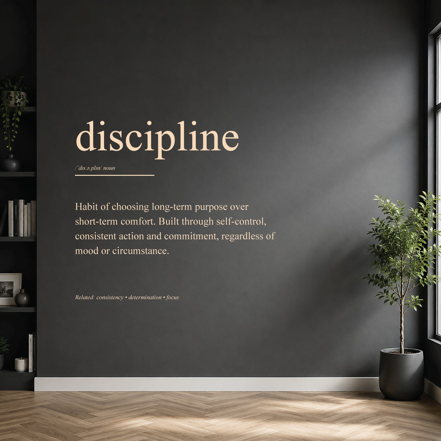 White discipline definition wall sticker on a dark modern wall.