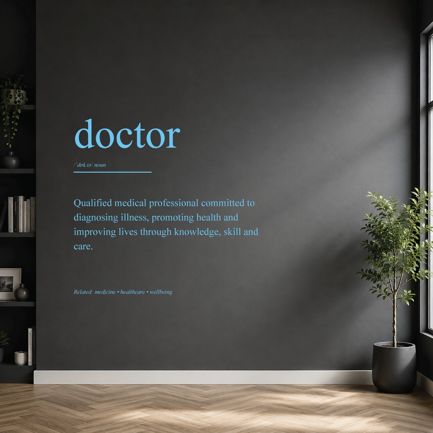 White doctor definition wall sticker on a dark modern wall.