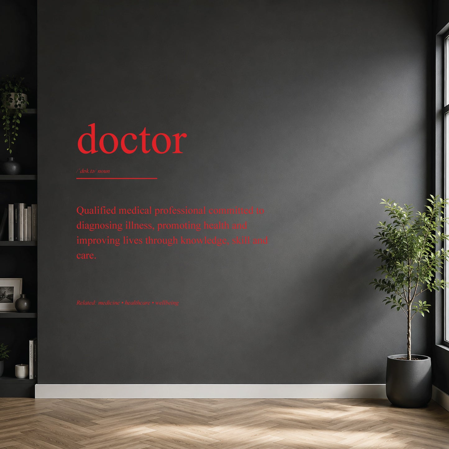 White doctor definition wall sticker on a dark modern wall.