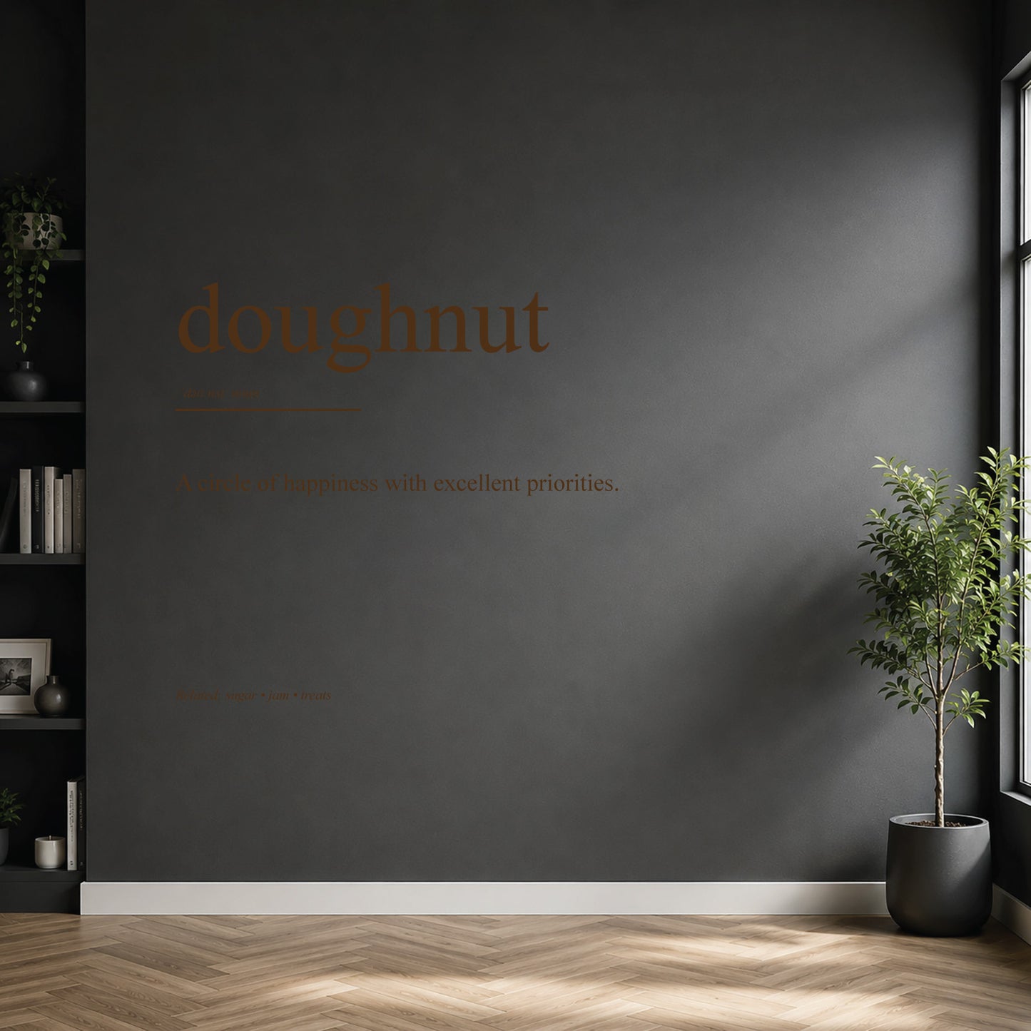 White doughnut dictionary definition wall sticker on a modern kitchen wall.