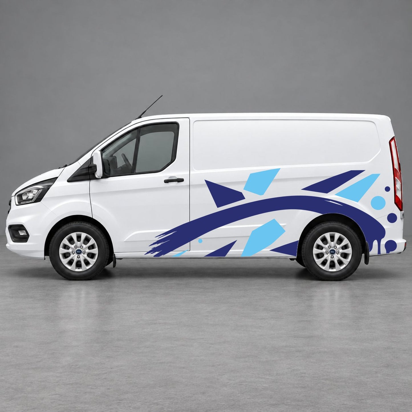 Ford Transit Custom Abstract Geometric Splash Side Graphics in Light Blue & Navy Blue
