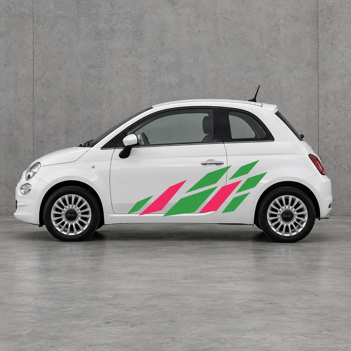 Fiat 500 Racing Flag Side Graphics Kit - Pair Supplied in Green & Pink