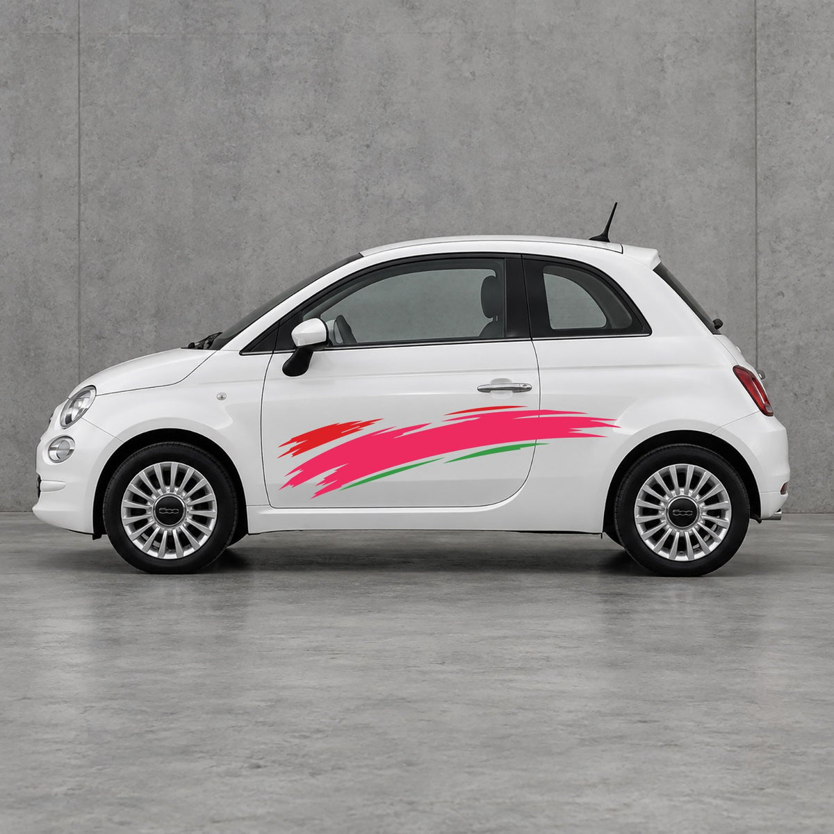 Fiat 500 Italian Red Brush Side Graphics Kit - Pair Supplied in Green & Pink