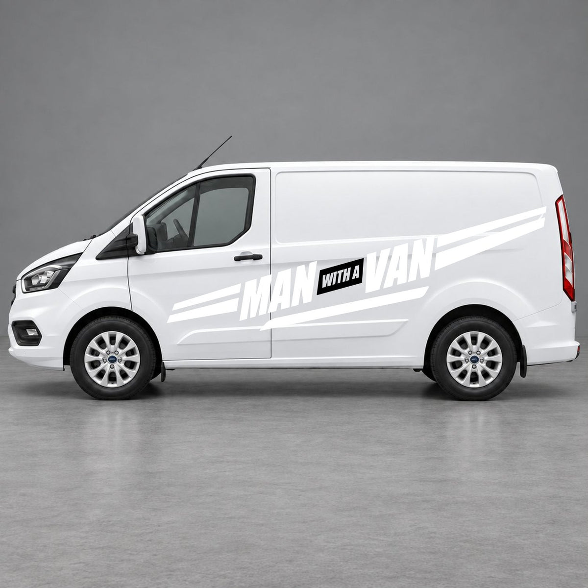 Ford Transit Custom Man with a Van Side Stripes in White & Black