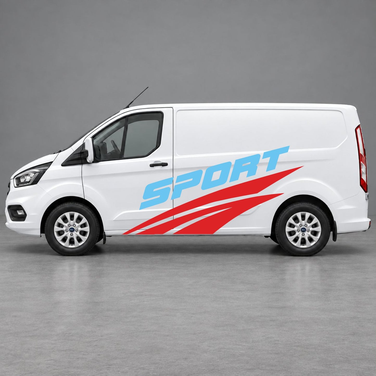 Ford Transit Custom Sport Twin Stripe Side Graphics in Red & Light Blue