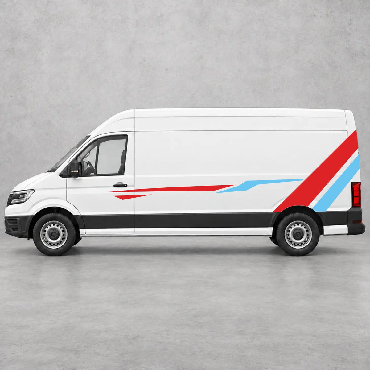VW Crafter Bold Rear Diagonal Side Stripes in Red & Light Blue