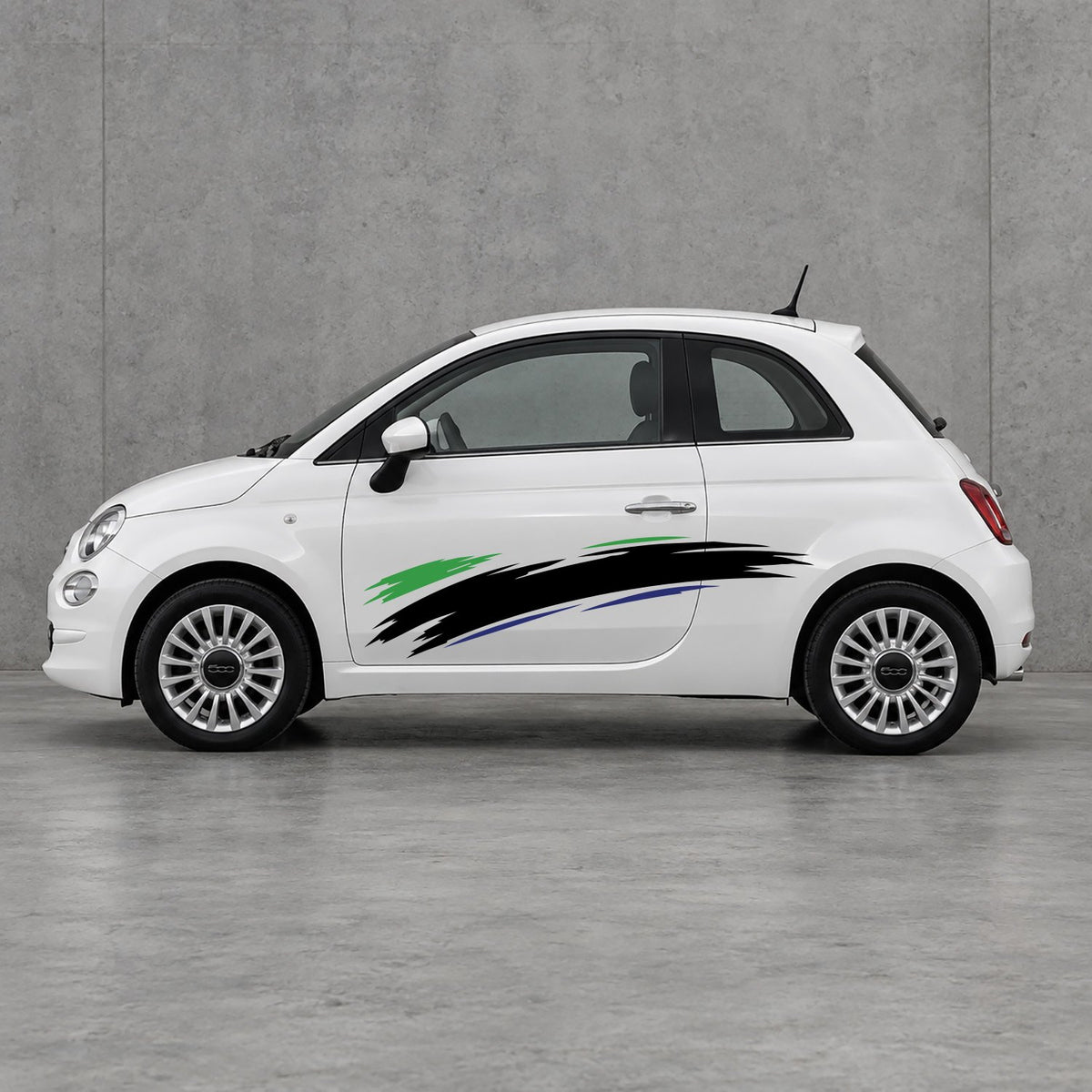 Fiat 500 Italian Green Brush Side Graphics Kit - Pair Supplied in Black & Navy Blue