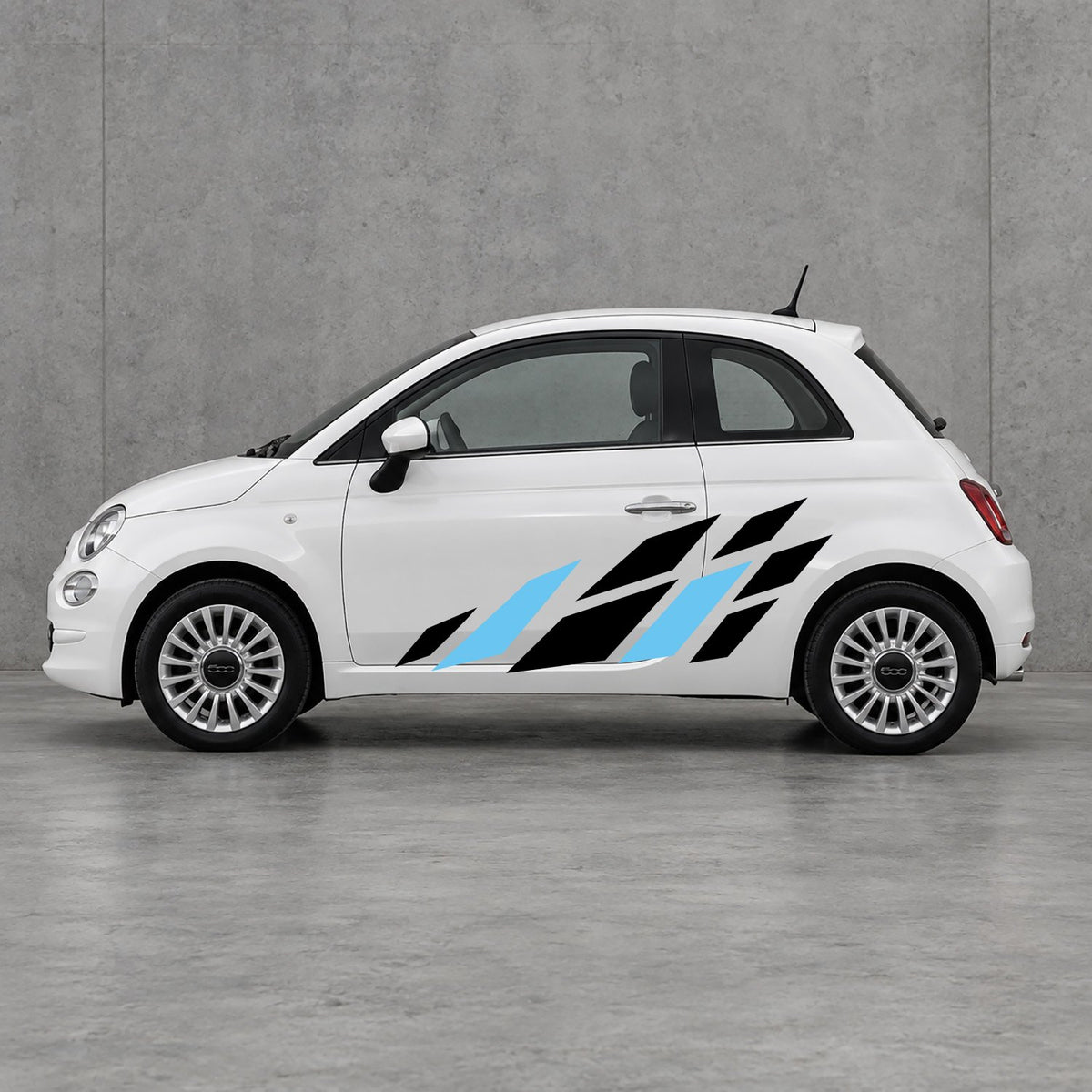 Fiat 500 Racing Flag Side Graphics Kit - Pair Supplied in Black & Light Blue