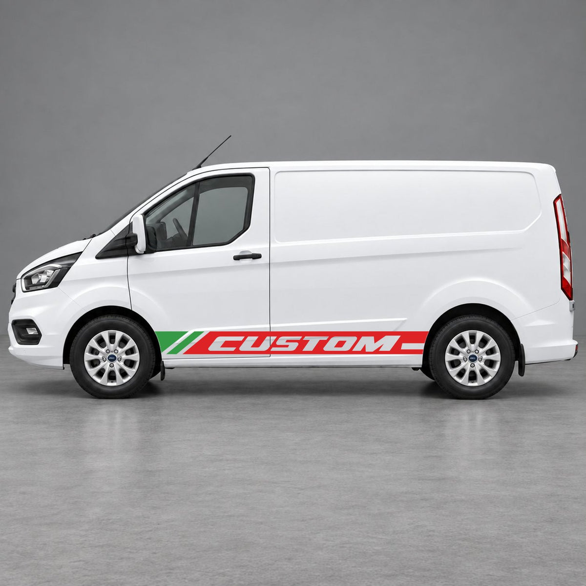 Ford Transit Custom Custom Lower Side Stripes in Red & Green