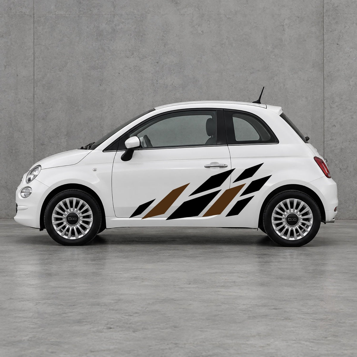 Fiat 500 Racing Flag Side Graphics Kit - Pair Supplied in Black & Brown