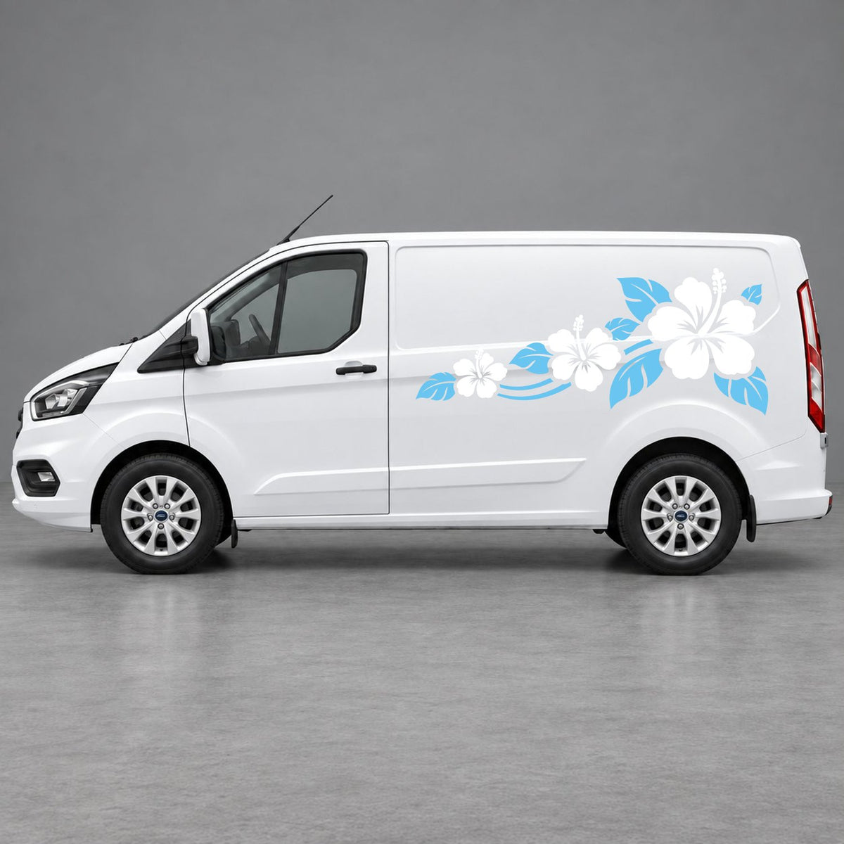 Ford Transit Custom Hibiscus Flower Trail Side Graphics in Light Blue & White