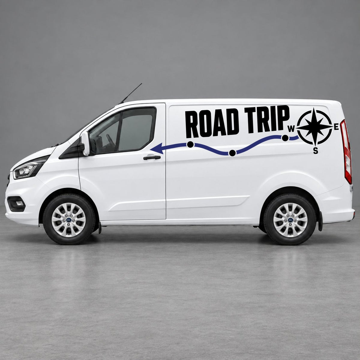 Ford Transit Custom Road Trip Route & Compass Side Graphics in Black & Navy Blue