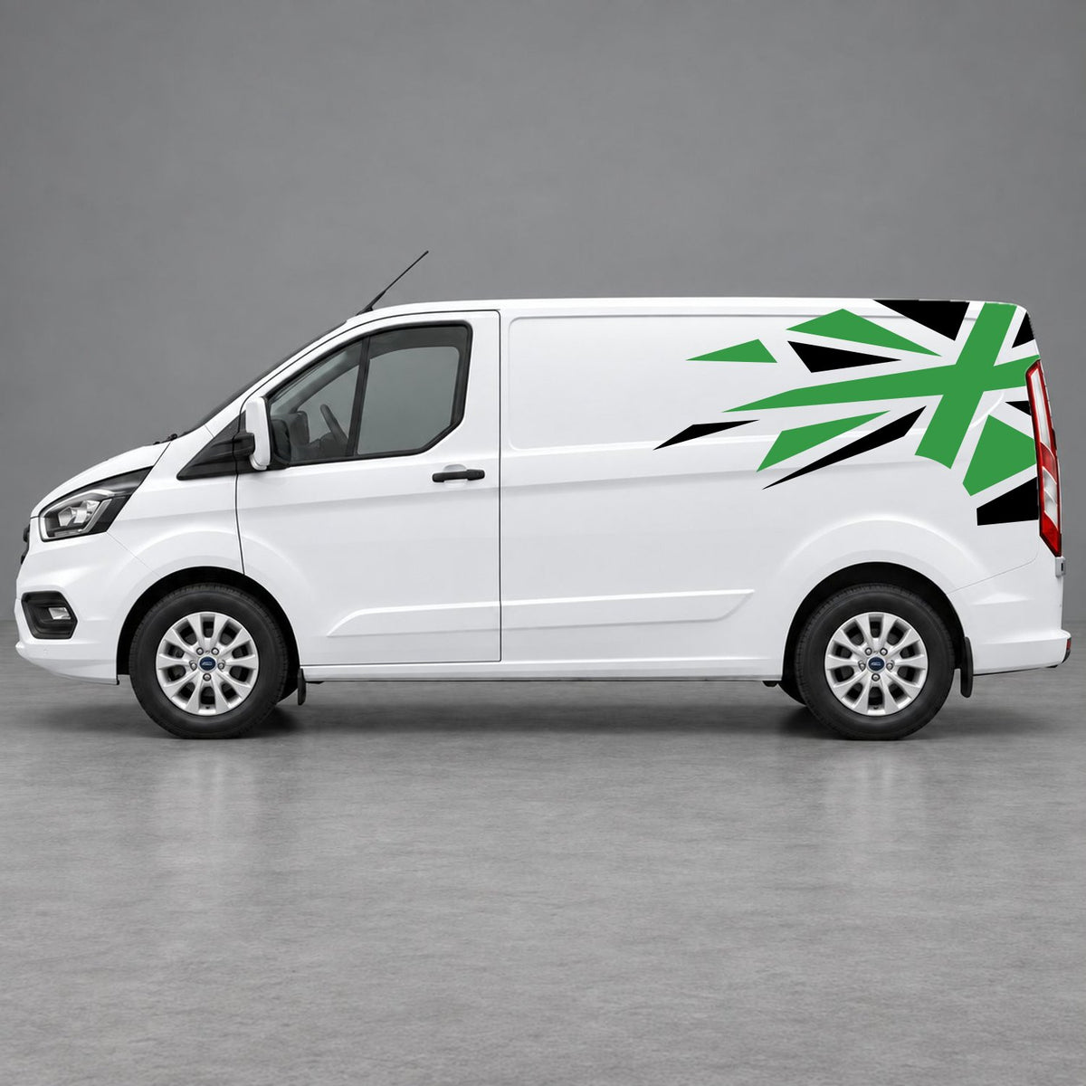 Ford Transit Custom Shattered Union Jack Side Graphics in Black & Green