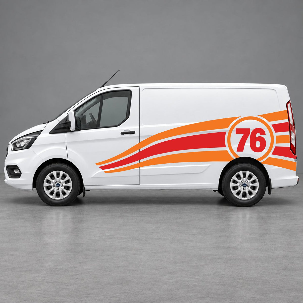 Ford Transit Custom Personalised Number 76 Racing Side Graphics in Orange & Red