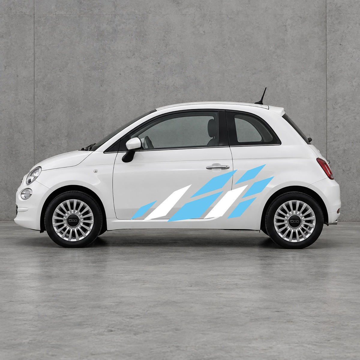 Fiat 500 Racing Flag Side Graphics Kit - Pair Supplied in Light Blue & White