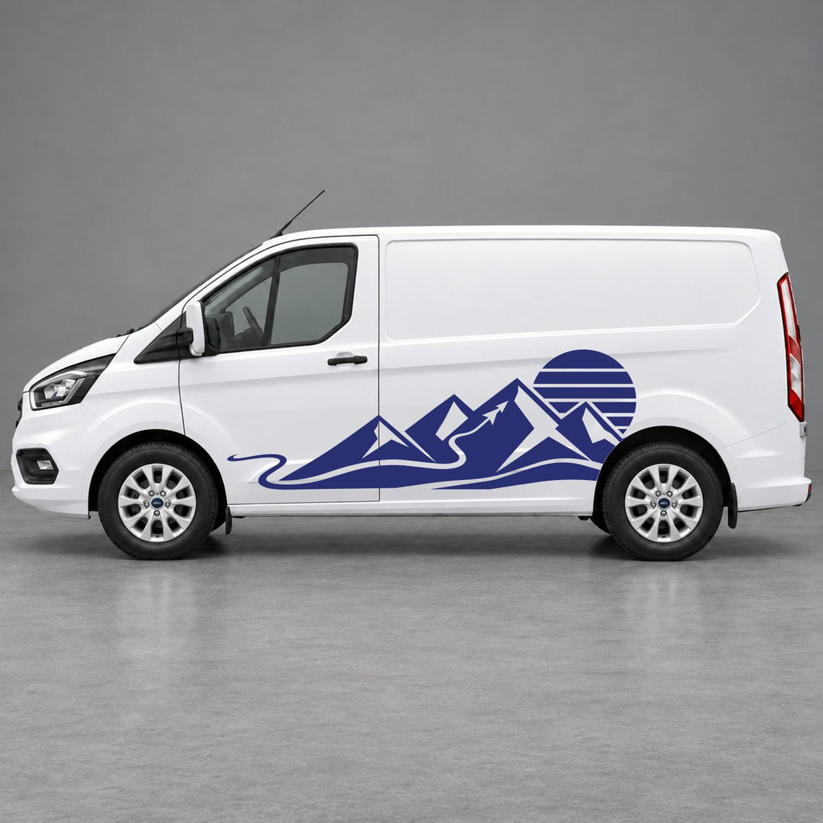 Ford Transit Custom Mountain Sunset Landscape Side Graphics in Navy Blue