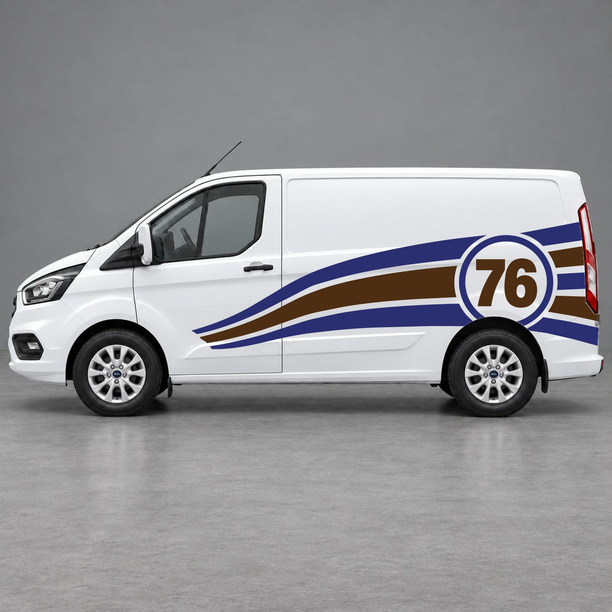 Ford Transit Custom Personalised Number 76 Racing Side Graphics in Navy Blue & Brown