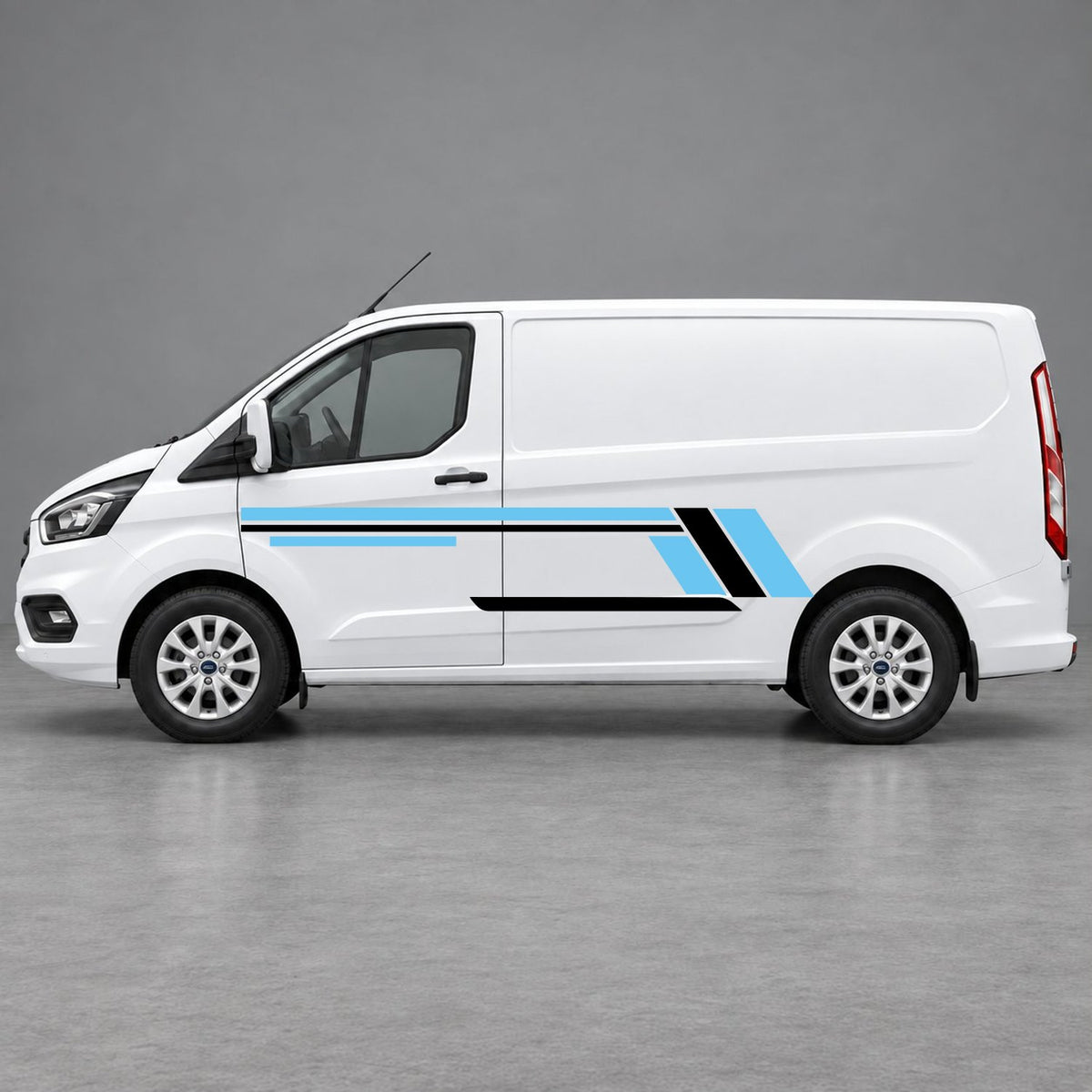 Ford Transit Custom Geometric Outline Side Stripes in Light Blue & Black
