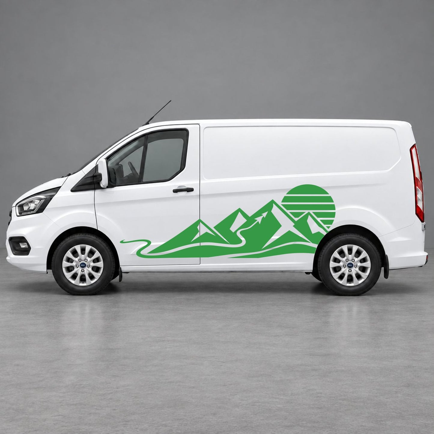 Ford Transit Custom Mountain Sunset Landscape Side Graphics in Green