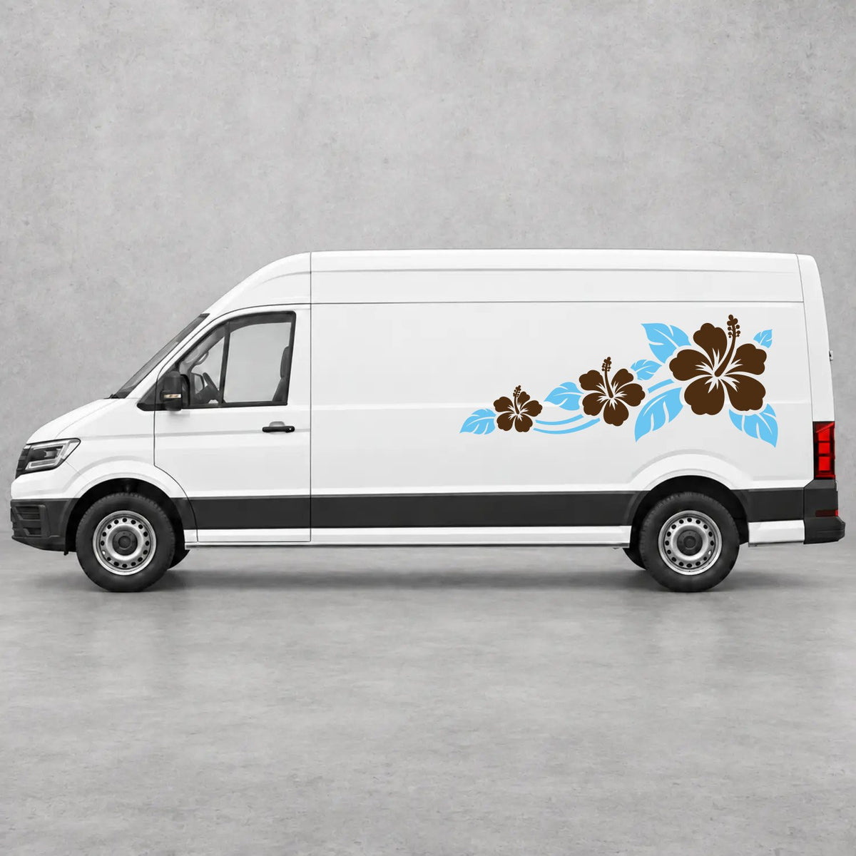 VW Crafter Hibiscus Flower Trail Side Graphics in Light Blue & Brown