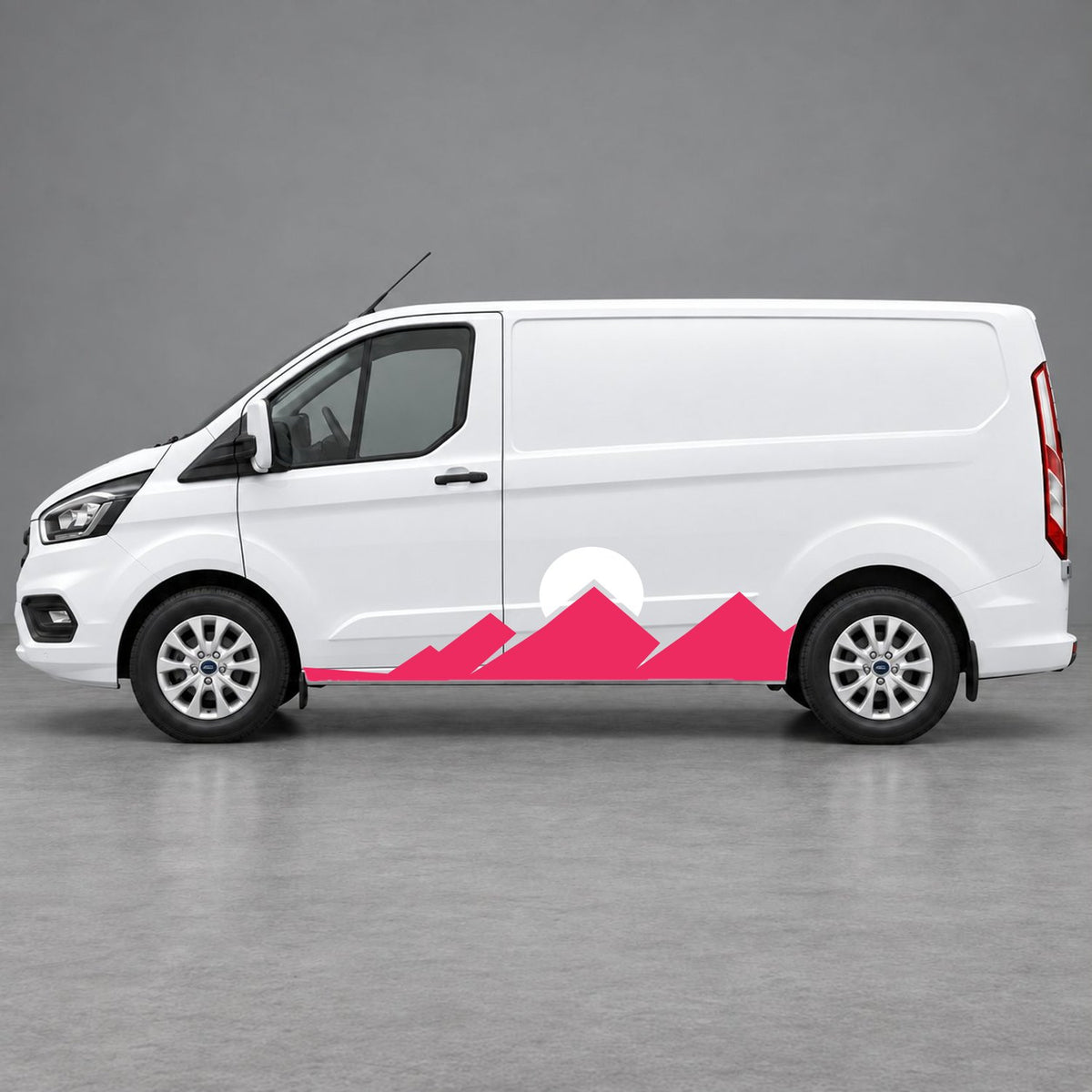 Ford Transit Custom Minimal Mountain Peak Side Graphics in Pink & White