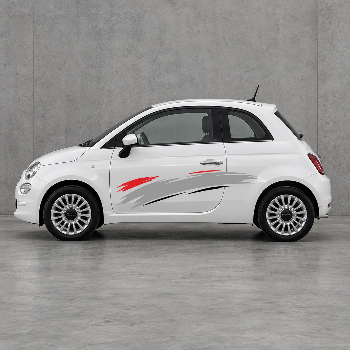 Fiat 500 Italian Red Brush Side Graphics Kit - Pair Supplied in Black & Grey