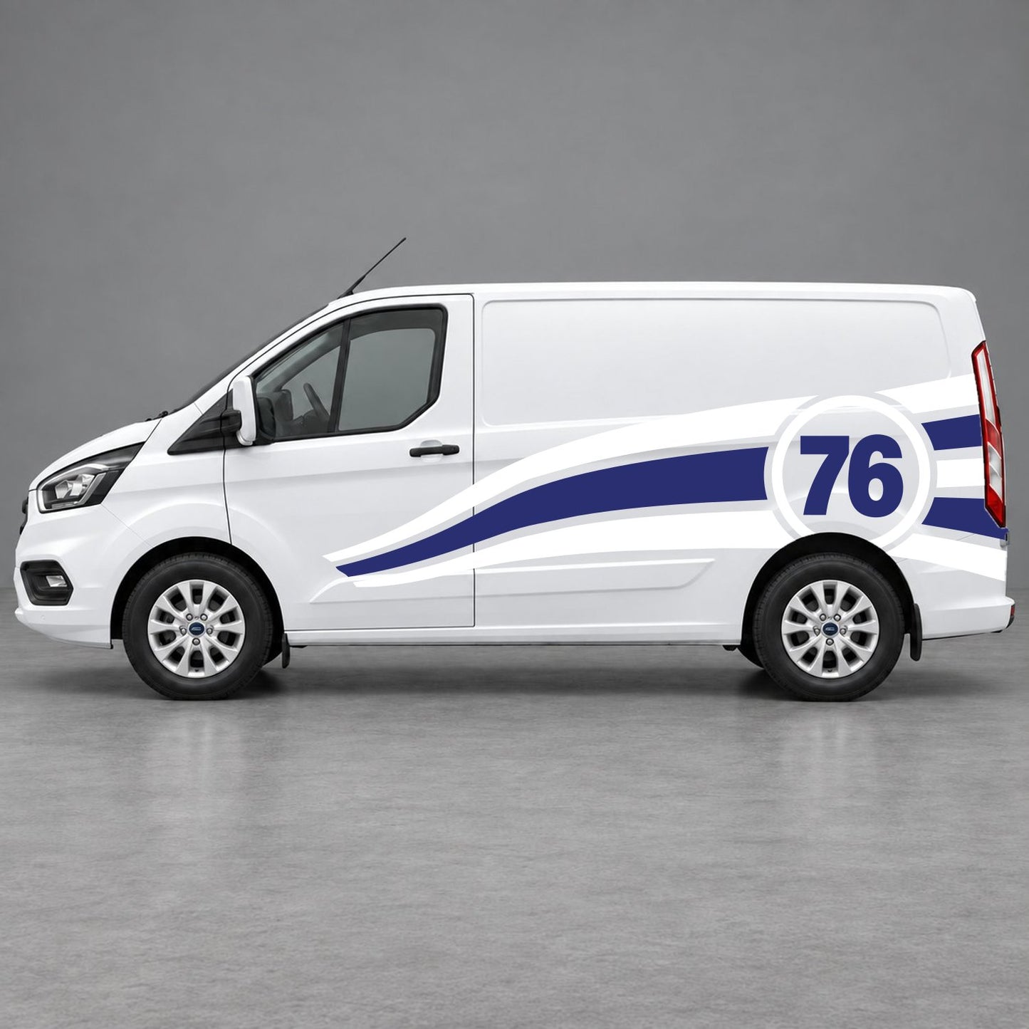 Ford Transit Custom Personalised Number 76 Racing Side Graphics in White & Navy Blue