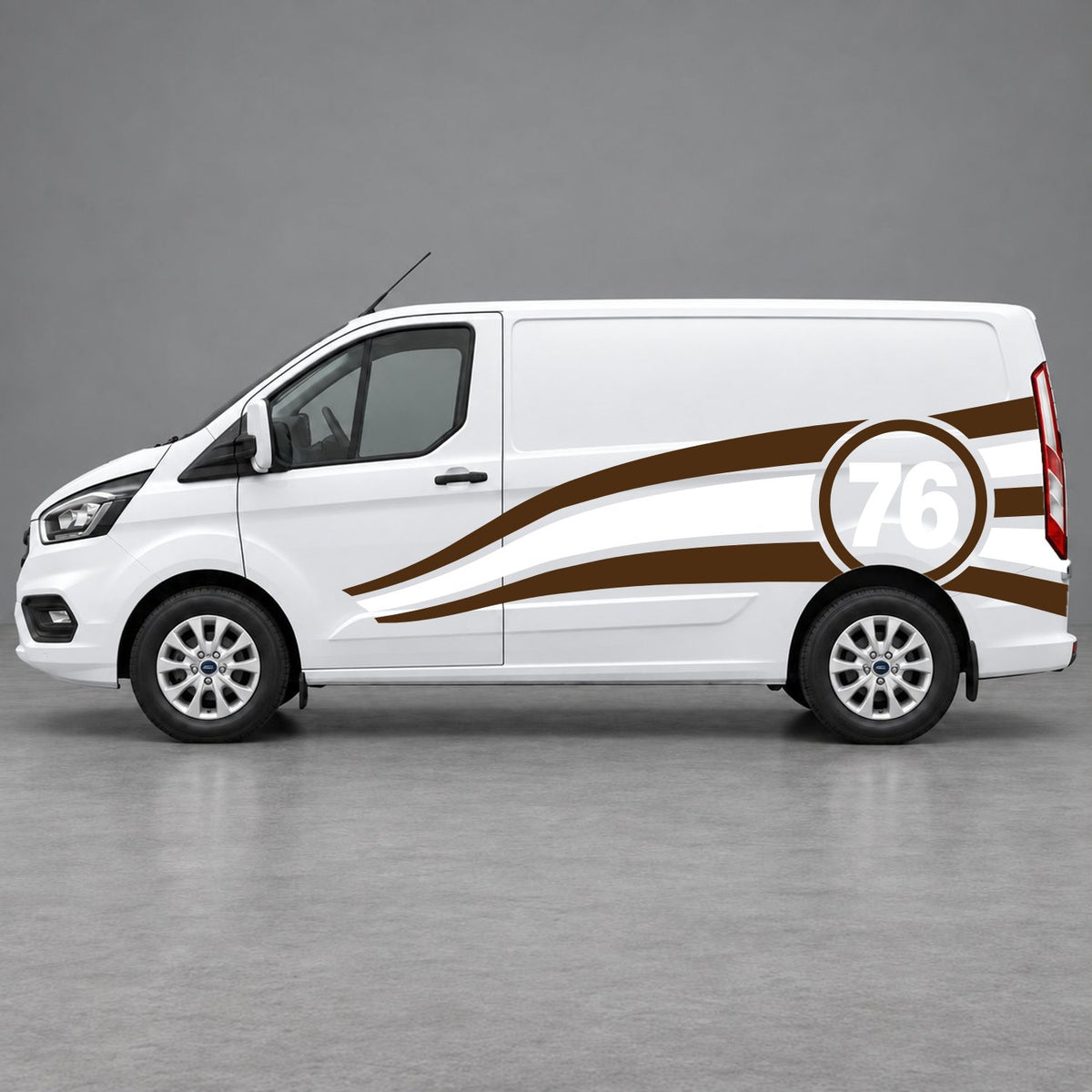 Ford Transit Custom Personalised Number 76 Racing Side Graphics in Brown & White