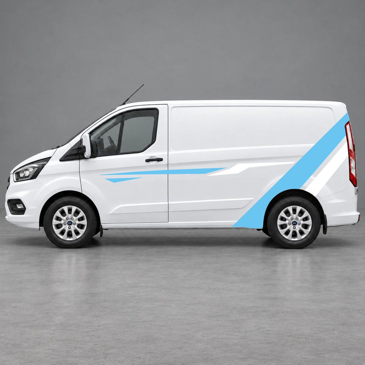 Ford Transit Custom Bold Rear Diagonal Side Stripes in Light Blue & White