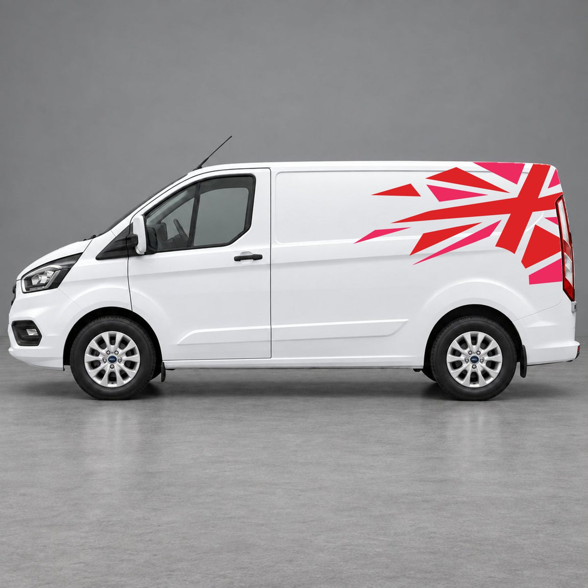 Ford Transit Custom Shattered Union Jack Side Graphics in Pink & Red