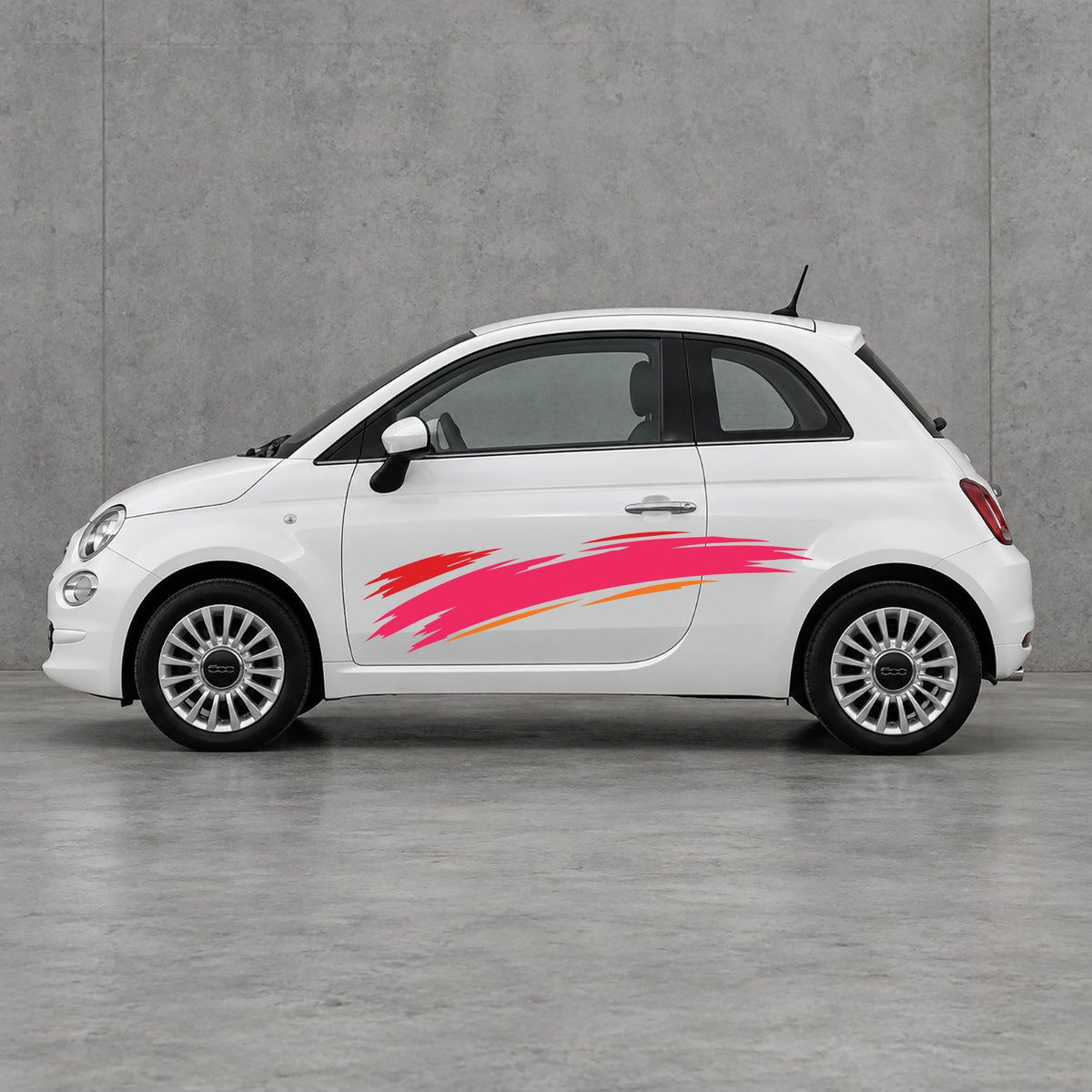 Fiat 500 Italian Red Brush Side Graphics Kit - Pair Supplied in Orange & Pink