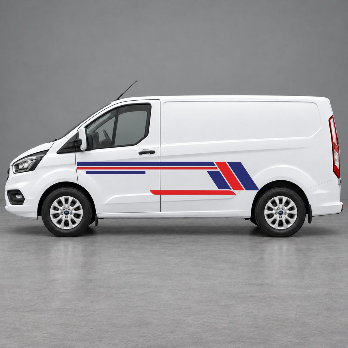 Ford Transit Custom Geometric Outline Side Stripes in Navy Blue & Red