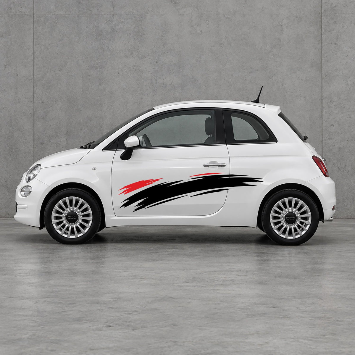 Fiat 500 Italian Red Brush Side Graphics Kit - Pair Supplied in Black & Black