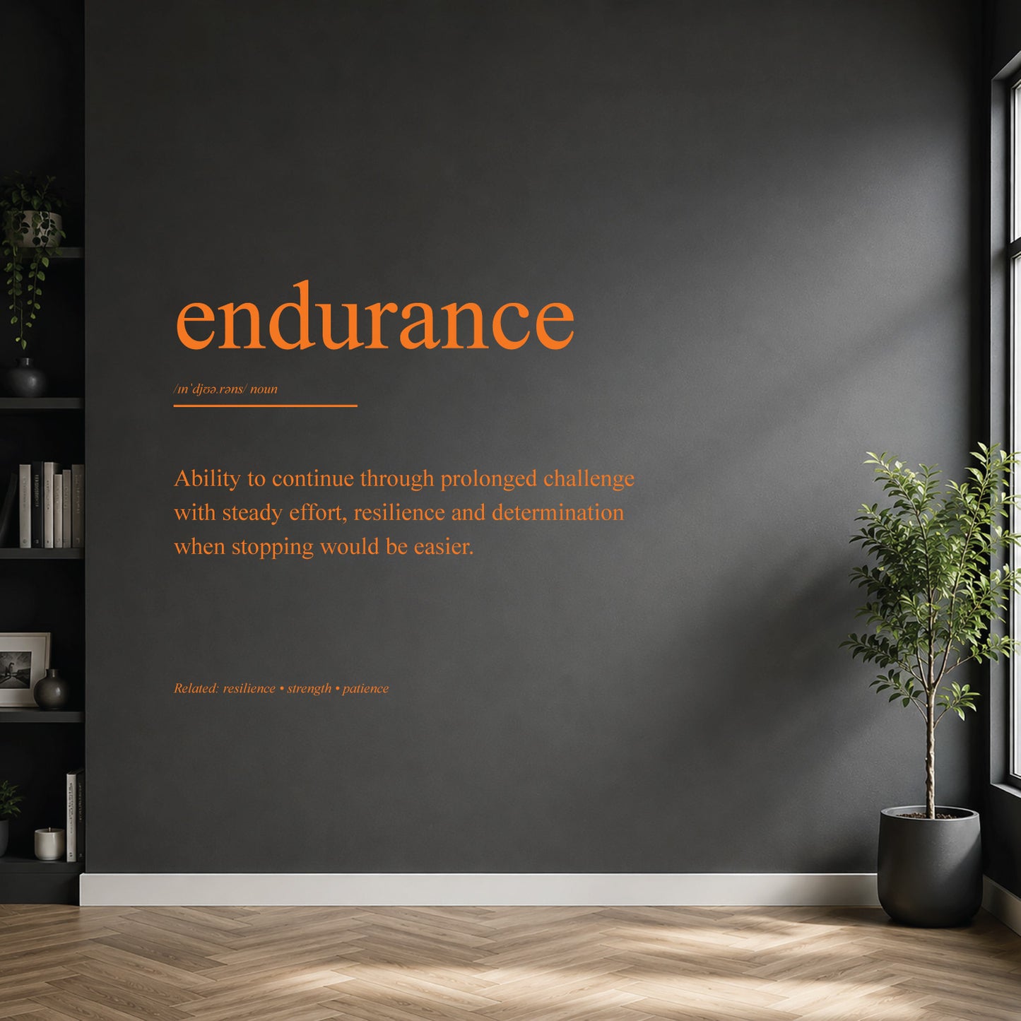 White endurance definition wall sticker on a dark modern wall.