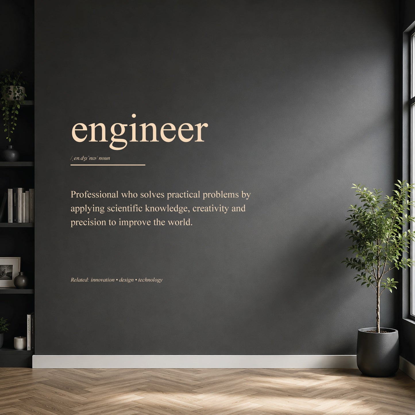 White engineer definition wall sticker on a dark modern wall.