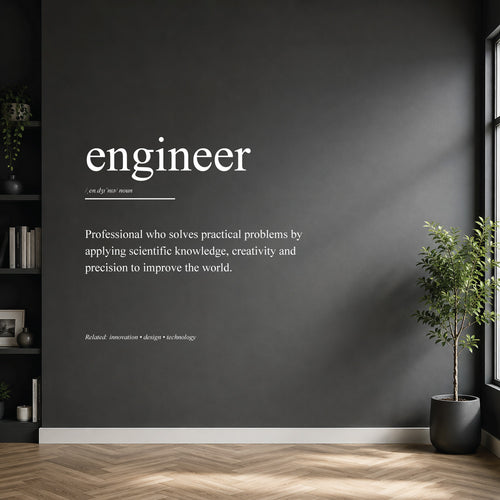 White engineer definition wall sticker on a dark modern wall.