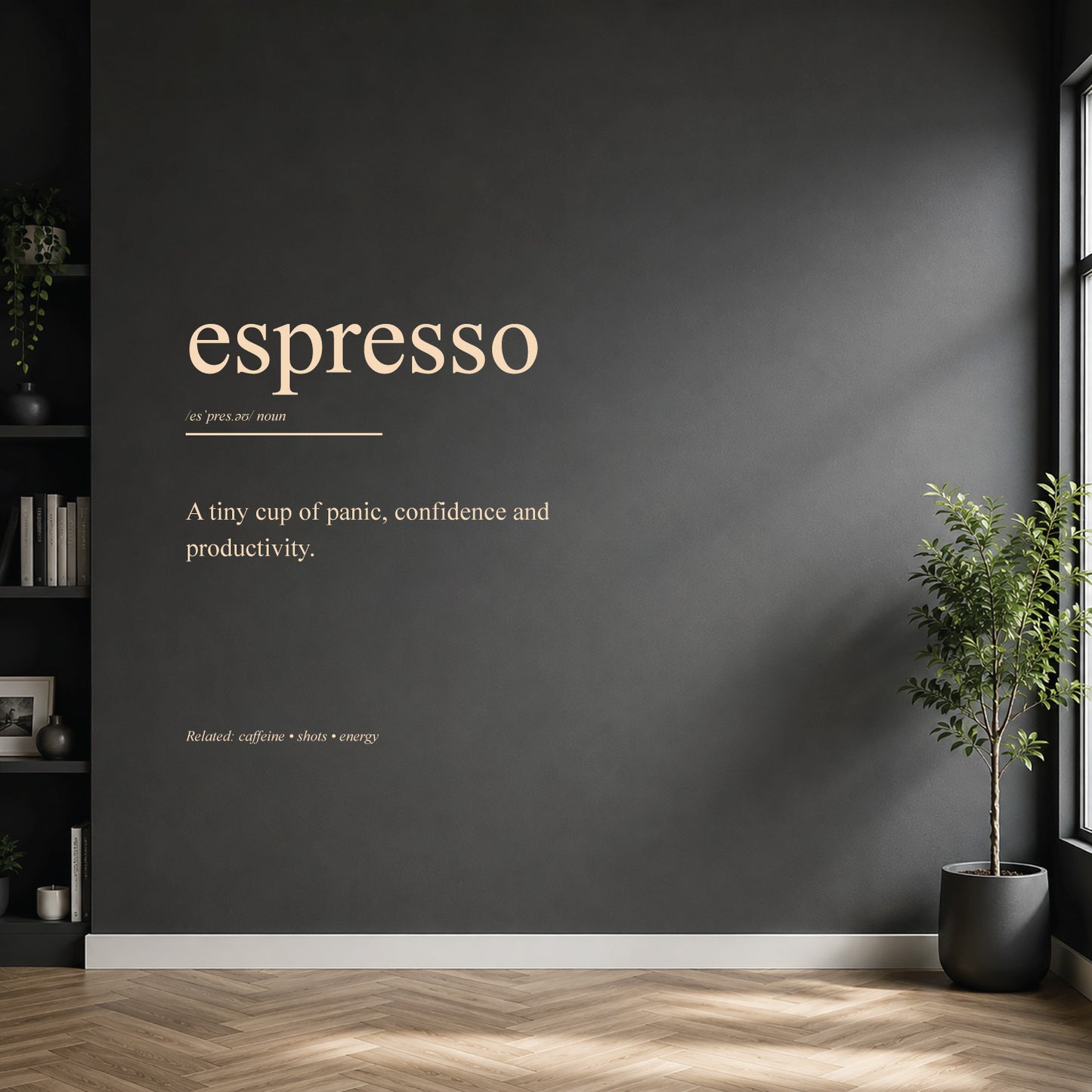White espresso dictionary definition wall sticker on a modern kitchen or home bar wall.