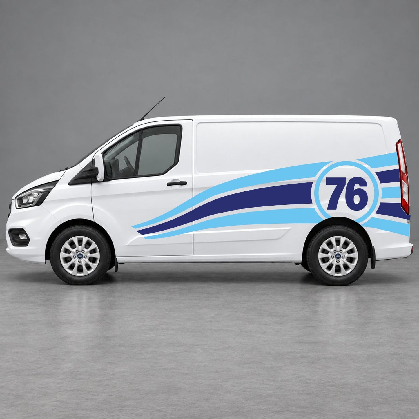 Ford Transit Custom Personalised Number 76 Racing Side Graphics in Light Blue & Navy Blue