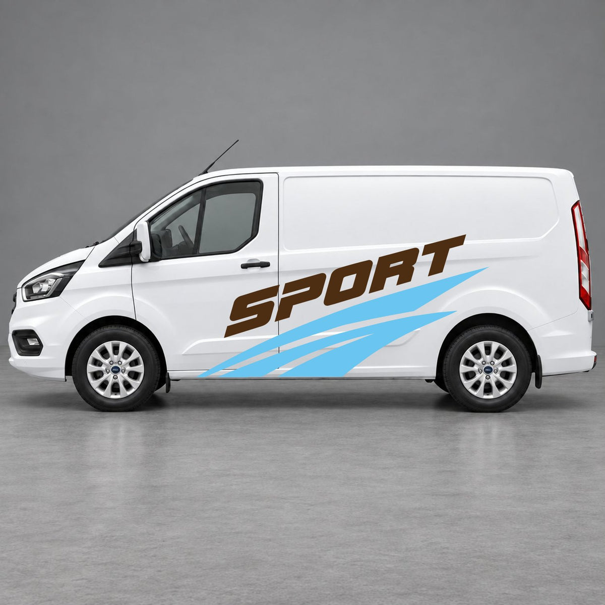 Ford Transit Custom Sport Twin Stripe Side Graphics in Light Blue & Brown
