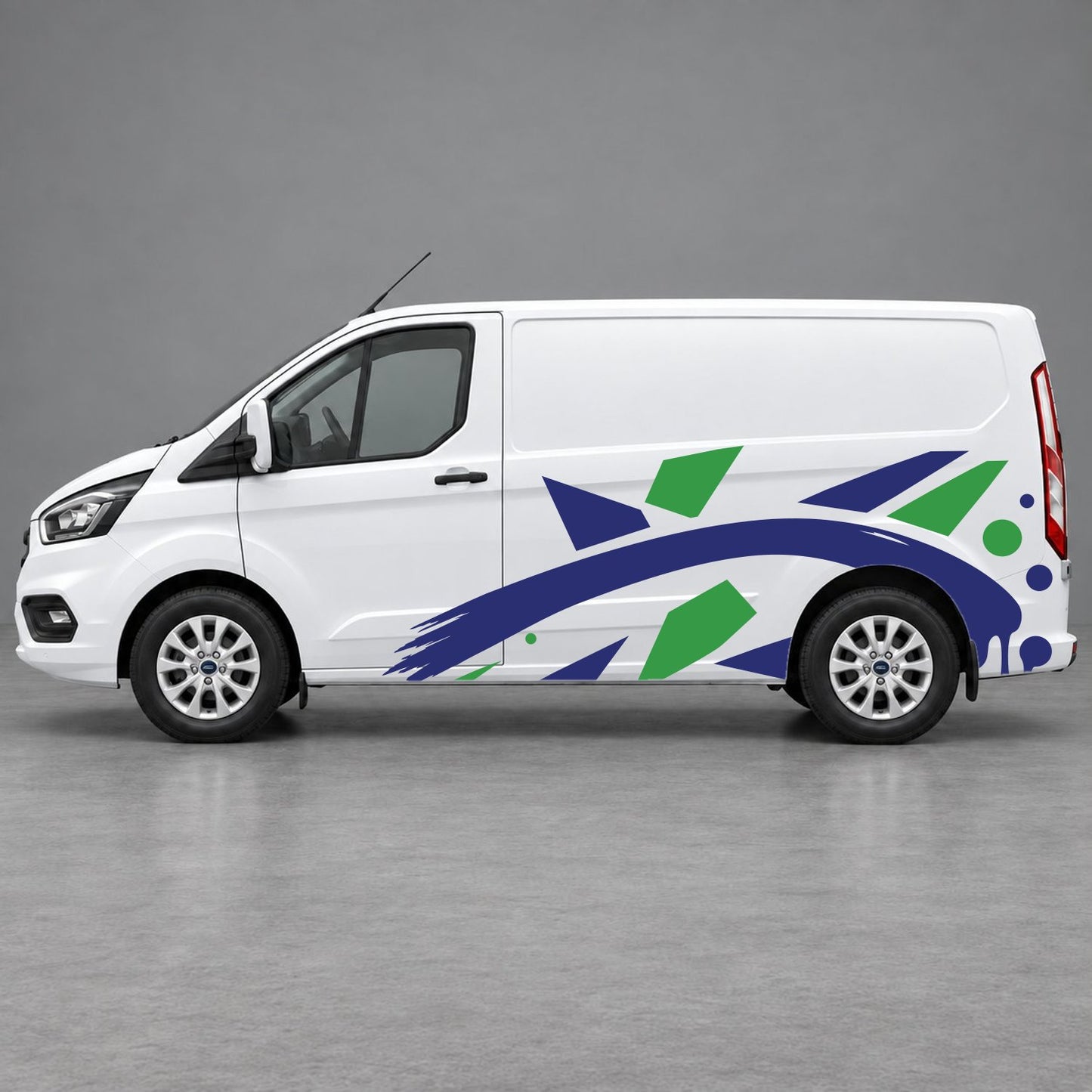 Ford Transit Custom Abstract Geometric Splash Side Graphics in Green & Navy Blue