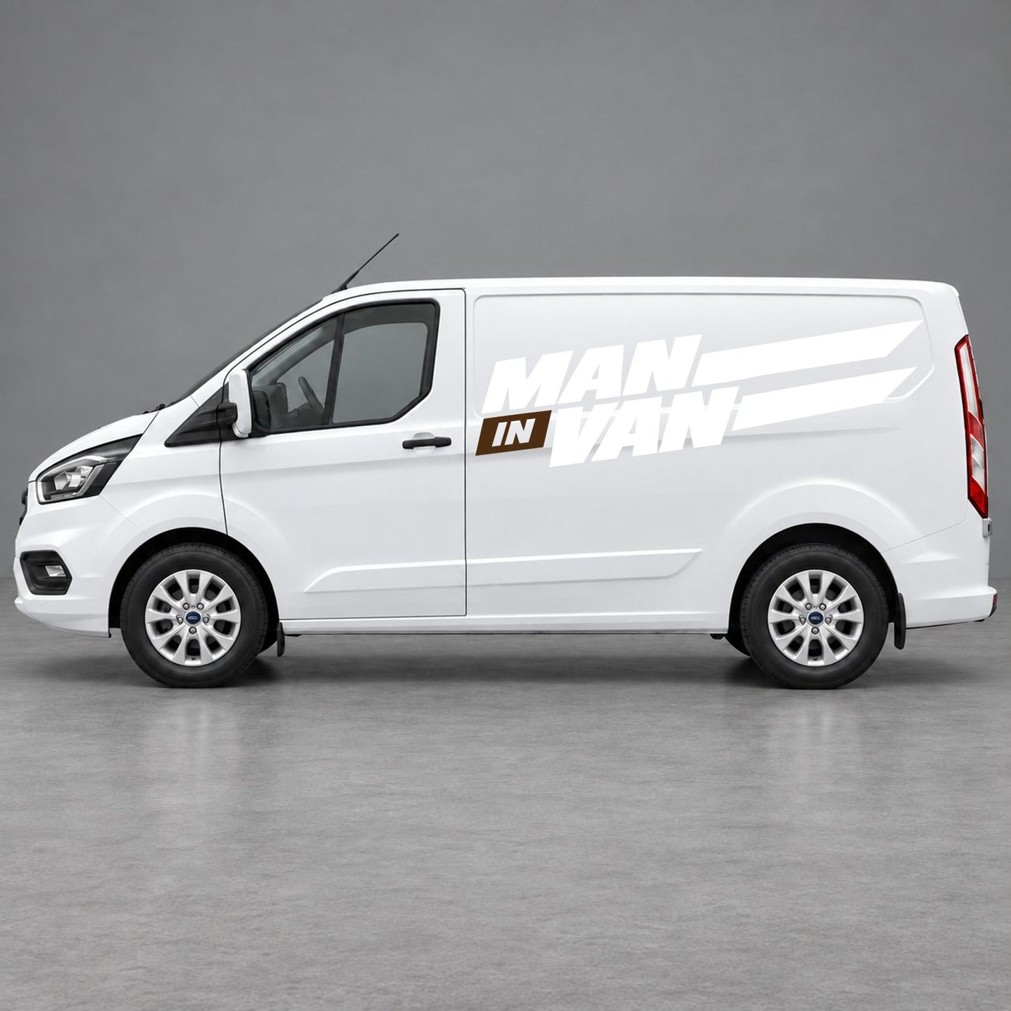Ford Transit Custom Man in Van Side Stripes in White & Brown