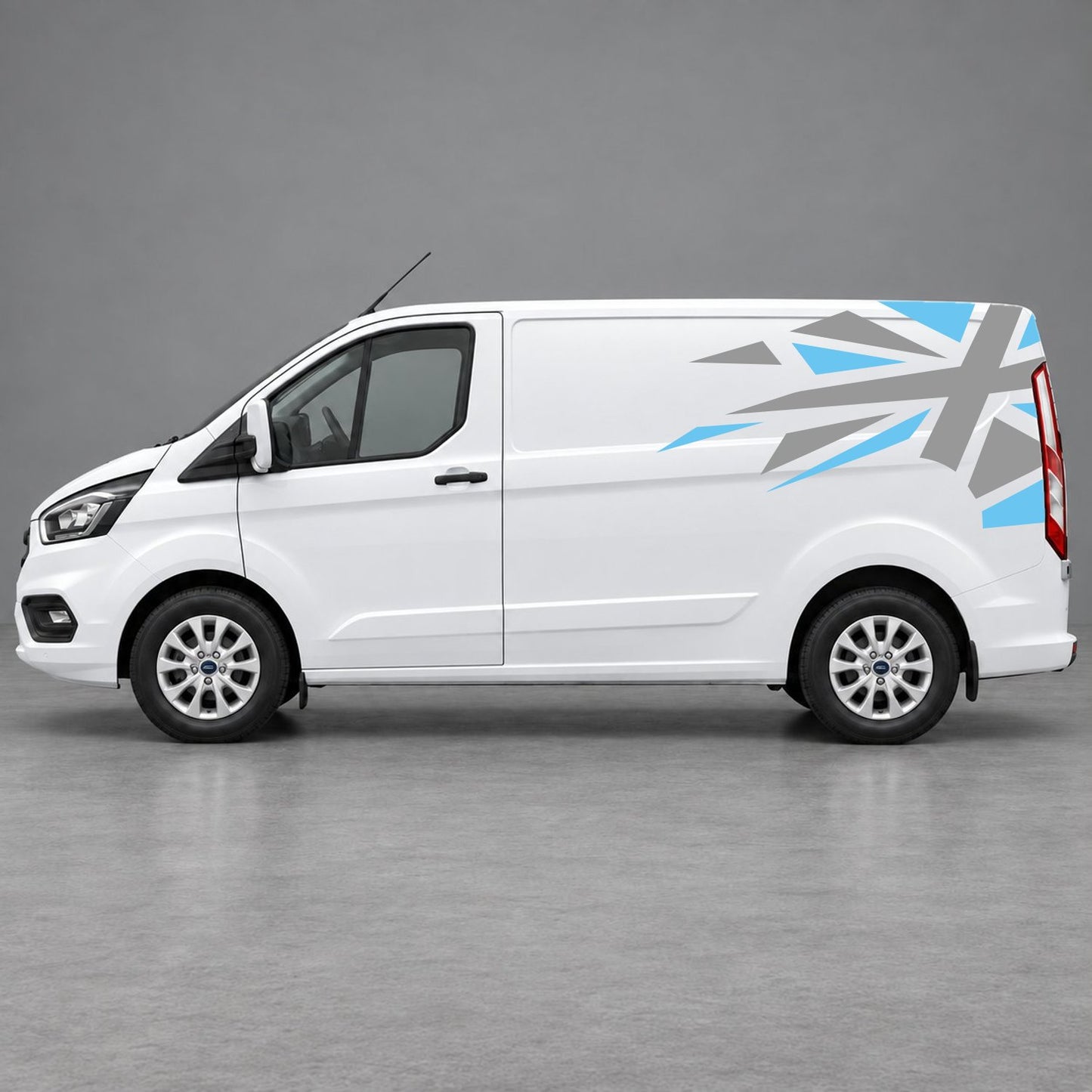 Ford Transit Custom Shattered Union Jack Side Graphics in Light Blue & Grey