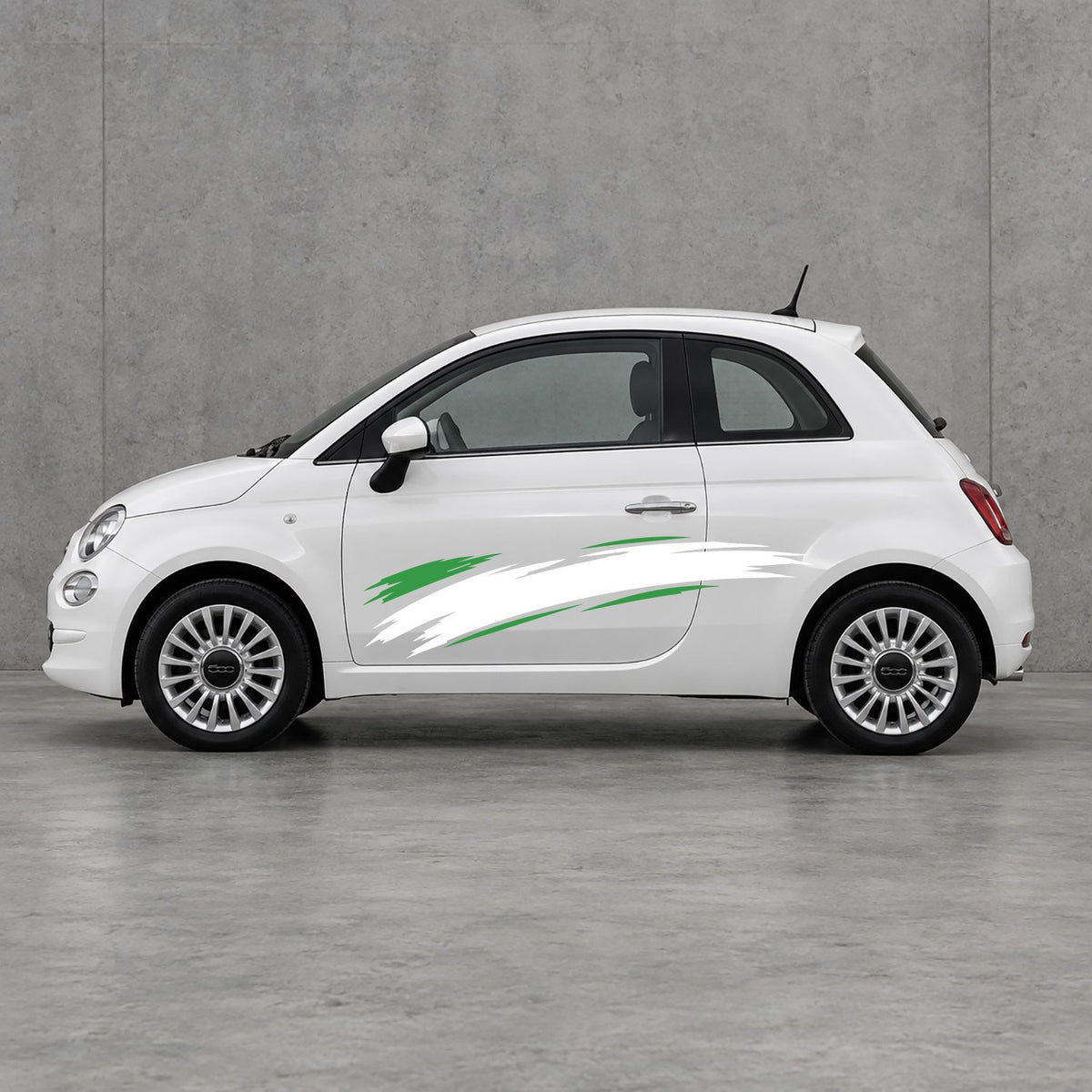 Fiat 500 Italian Green Brush Side Graphics Kit - Pair Supplied in White & Green