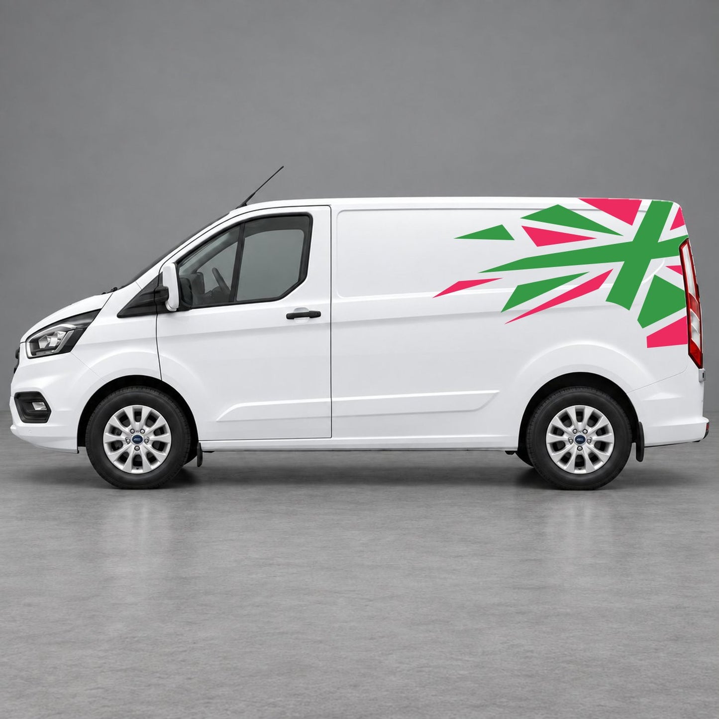Ford Transit Custom Shattered Union Jack Side Graphics in Pink & Green