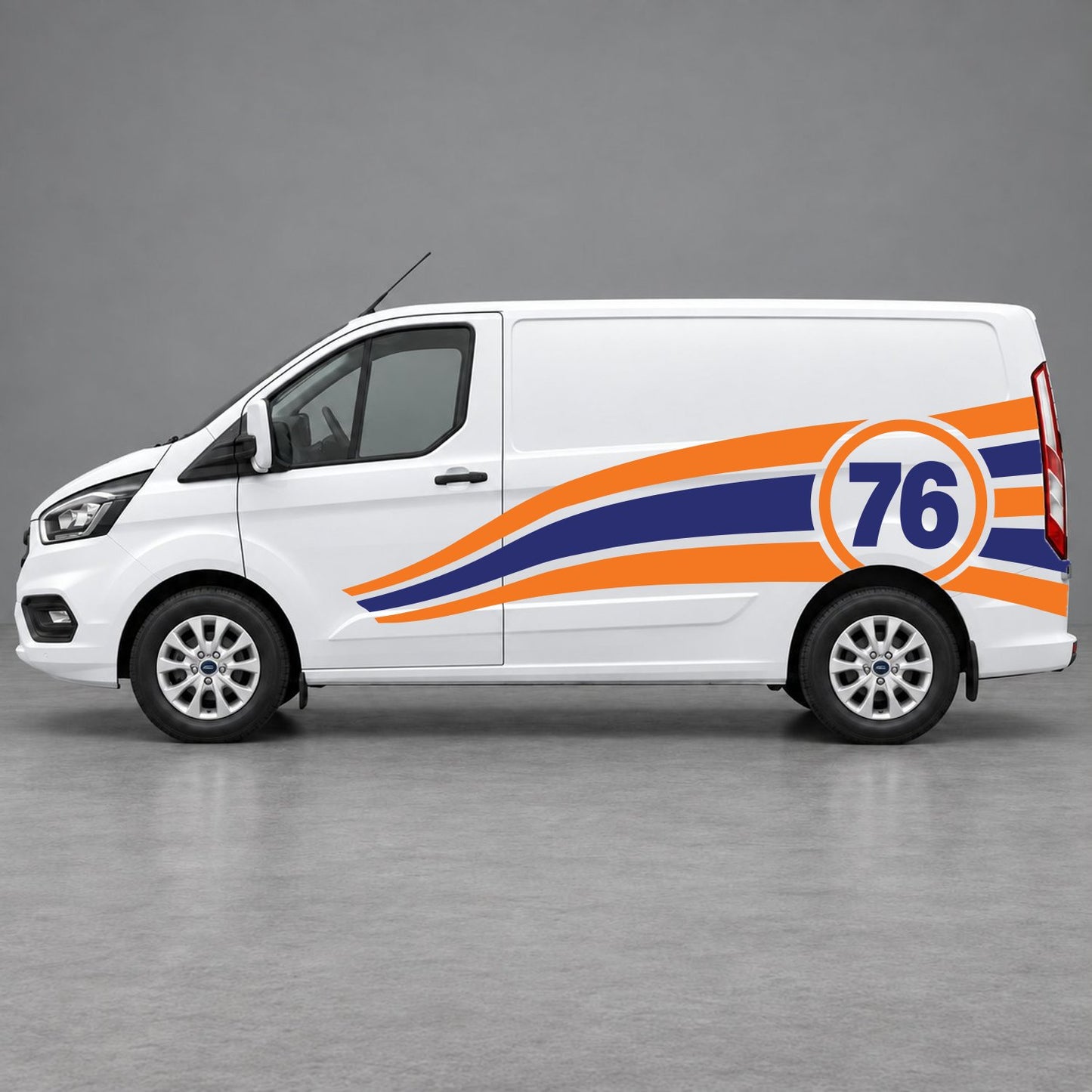 Ford Transit Custom Personalised Number 76 Racing Side Graphics in Orange & Navy Blue