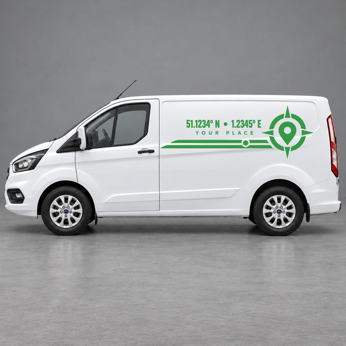 Ford Transit Custom Personalised Coordinates & Compass Side Graphics in Green