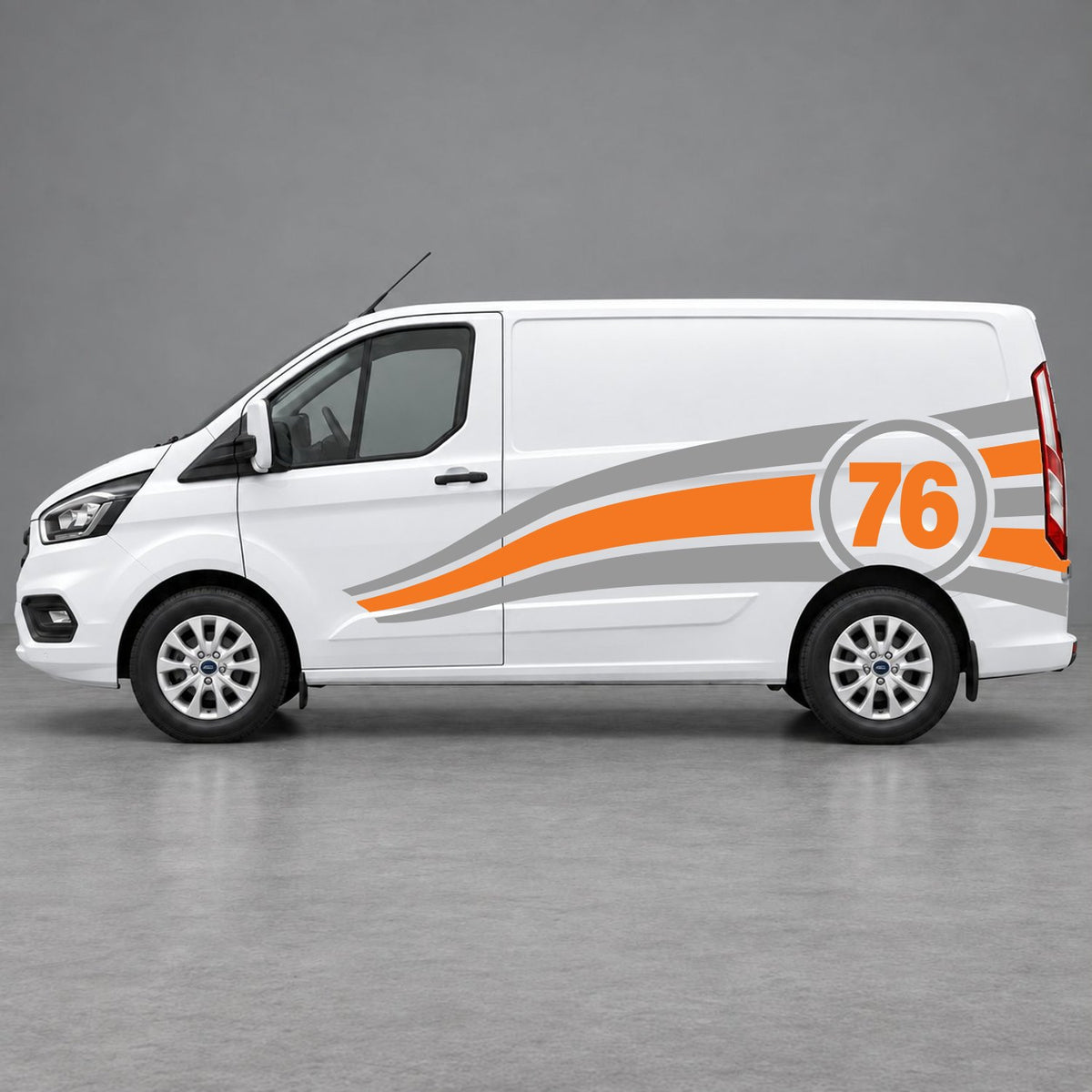 Ford Transit Custom Personalised Number 76 Racing Side Graphics in Grey & Orange