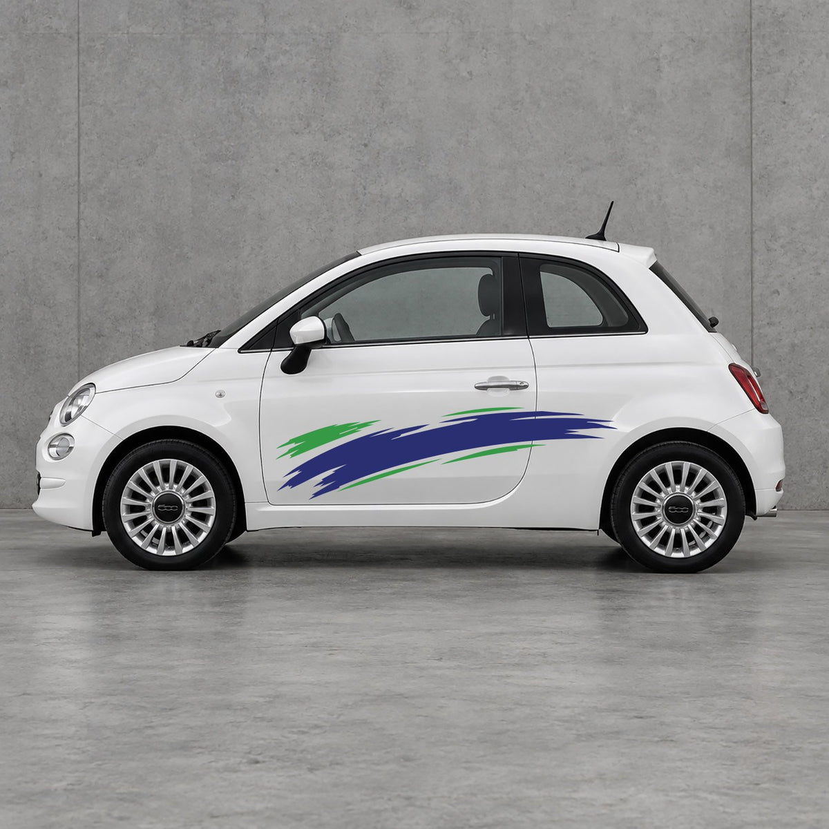 Fiat 500 Italian Green Brush Side Graphics Kit - Pair Supplied in Navy Blue & Green