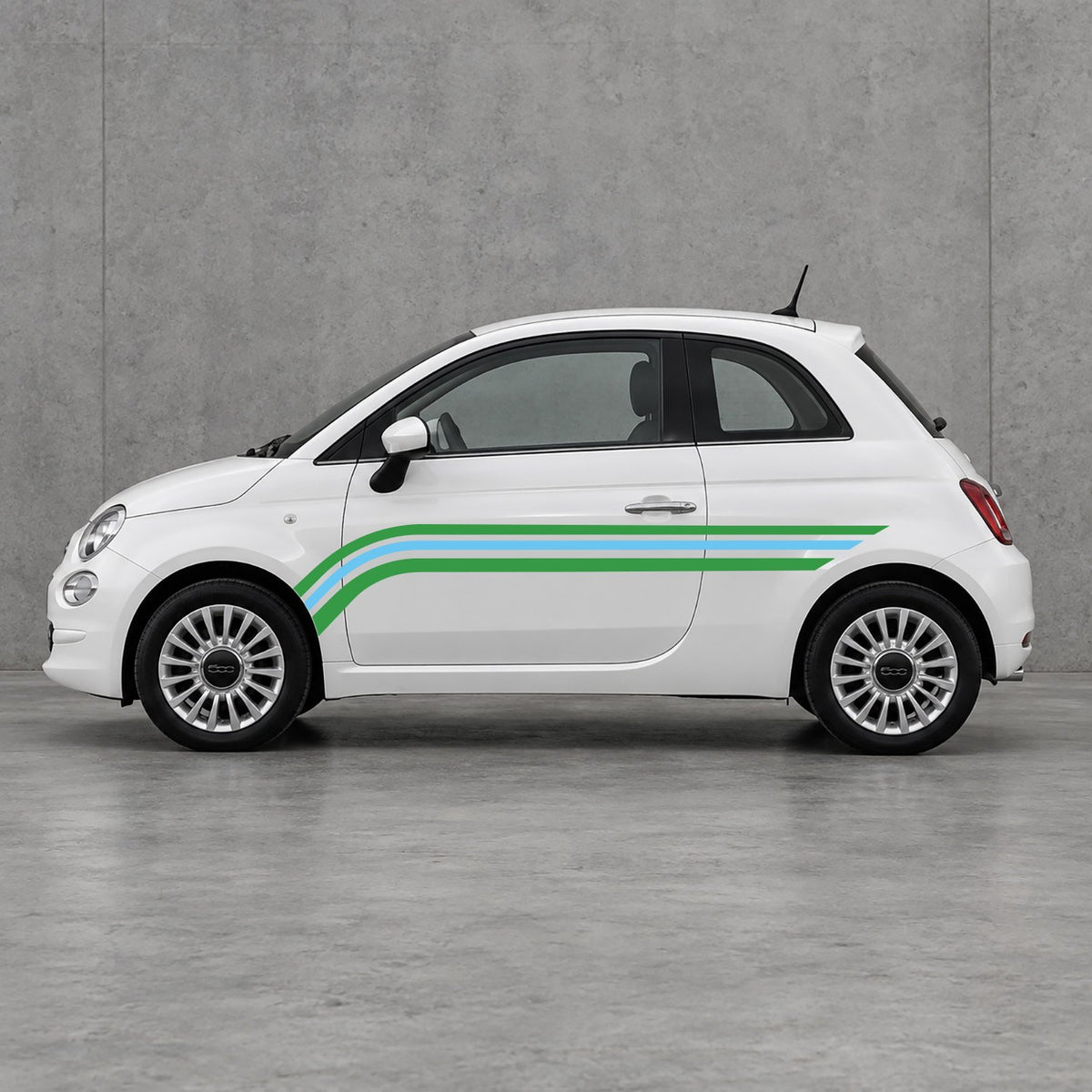 Fiat 500 Retro Triple Side Stripes Kit - Pair Supplied in Green & Light Blue