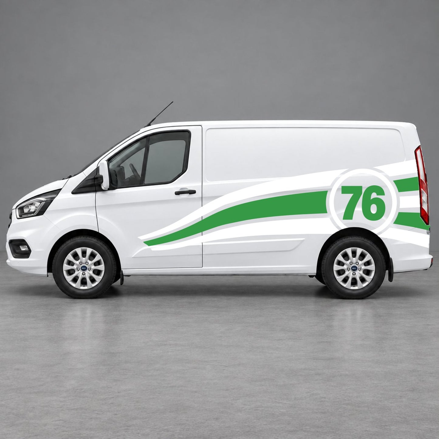 Ford Transit Custom Personalised Number 76 Racing Side Graphics in White & Green